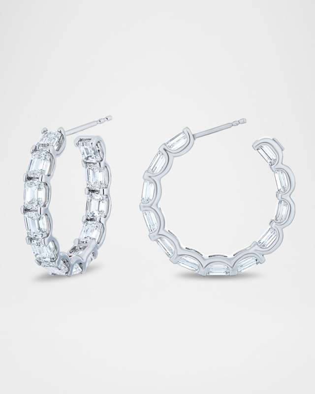 18K White Gold Emerald-Cut Diamond Hoop Earrings, 1"Dia., 10.08tcw